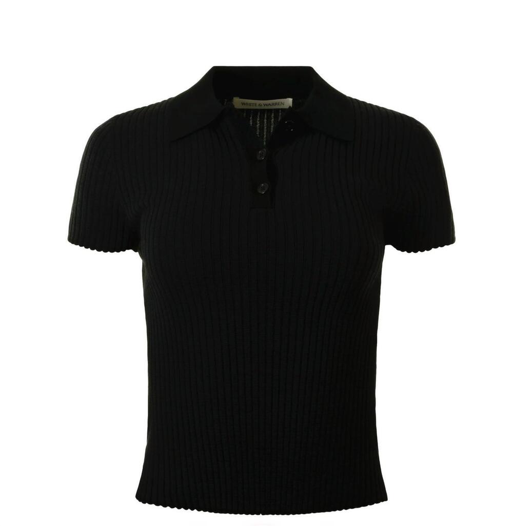 NEW WHITE + WARREN women's cotton ribbed polo in brown combo